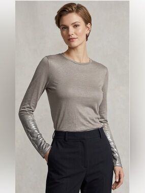 Vince Pima Cotton Modal Metallic Cuffs Long Sleeve Screw Neck Sz M Tan Color
